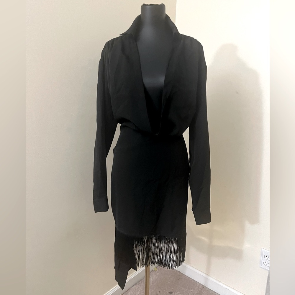 PLUS BLACK LONG SLEEVE TASSEL HEM DRAPE DETAIL BODYCON DRESS